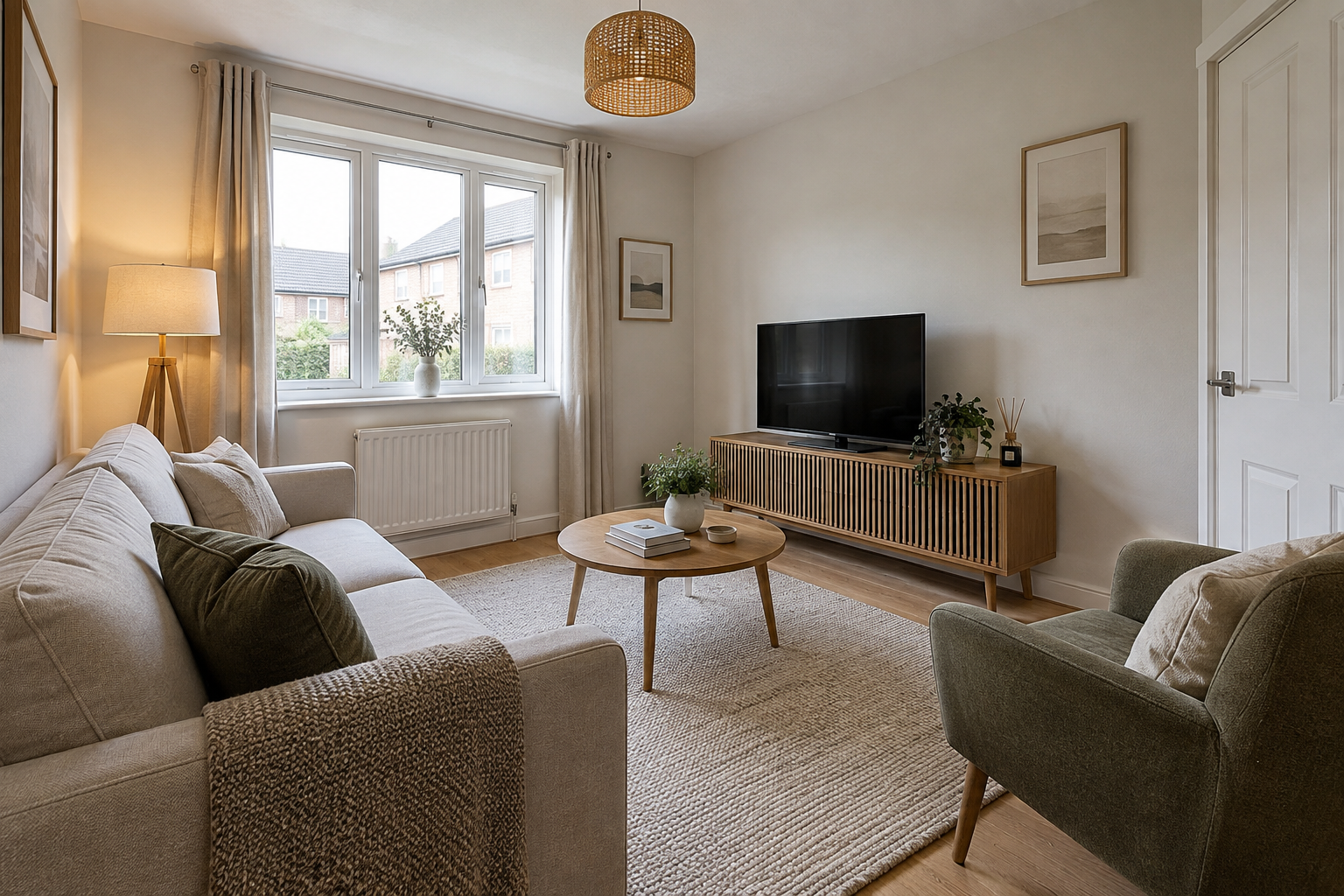 Illustrative virtually staged sitting room with warm neutral furnishings, a sofa and a green armchair